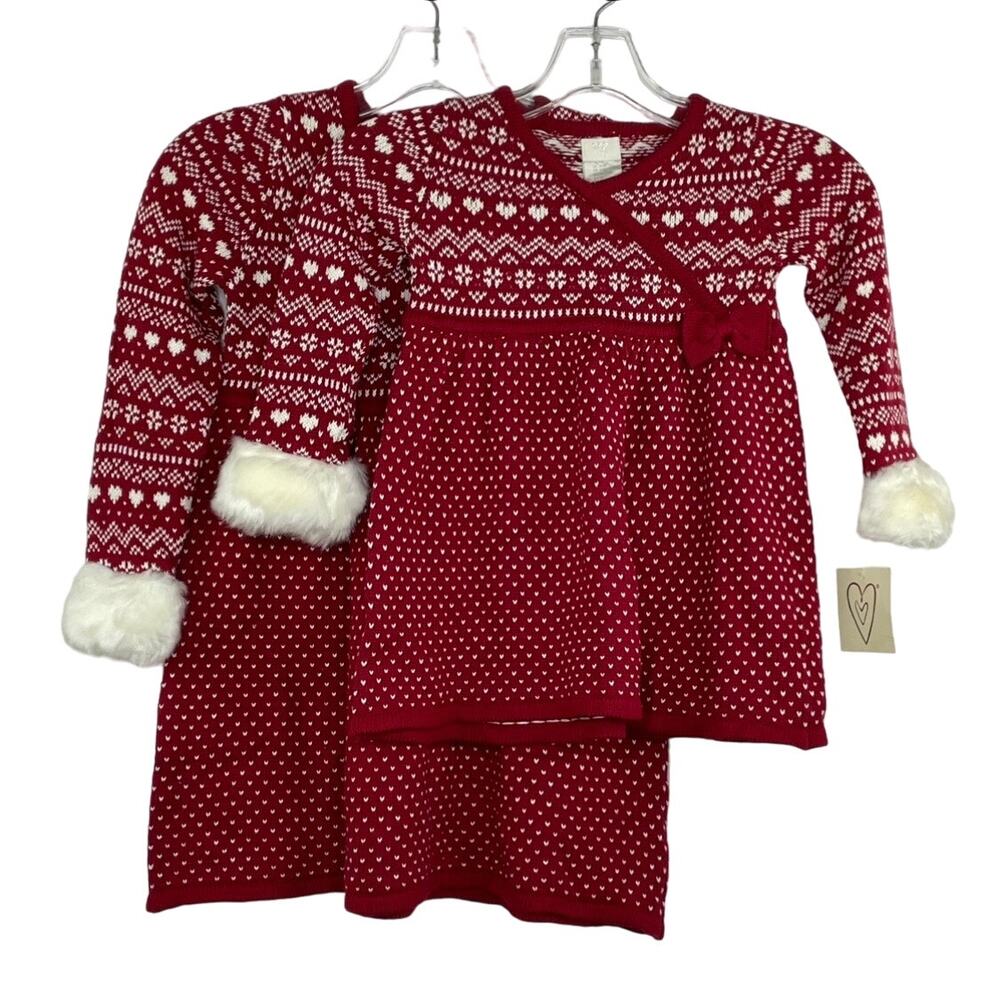2- Red Knit holiday dresses faux fur trim Christmas girl size 5T & 24 Mo. NWT